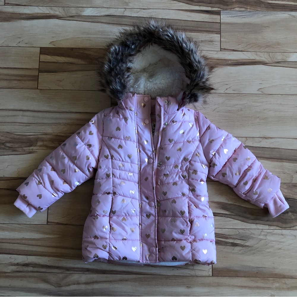 Pre-Owned Member’s Mark Cozy Puffer Pink Hooded Jacket w/Gold Hearts (Size: 3T)
